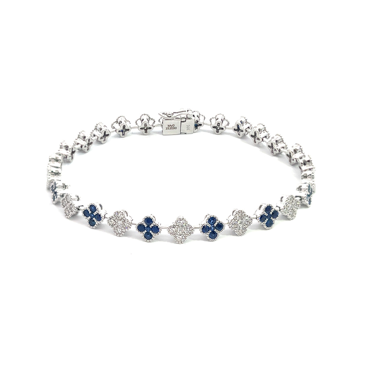 14K White Gold Diamond and Sapphire Clover Cluster Tennis Bracelet