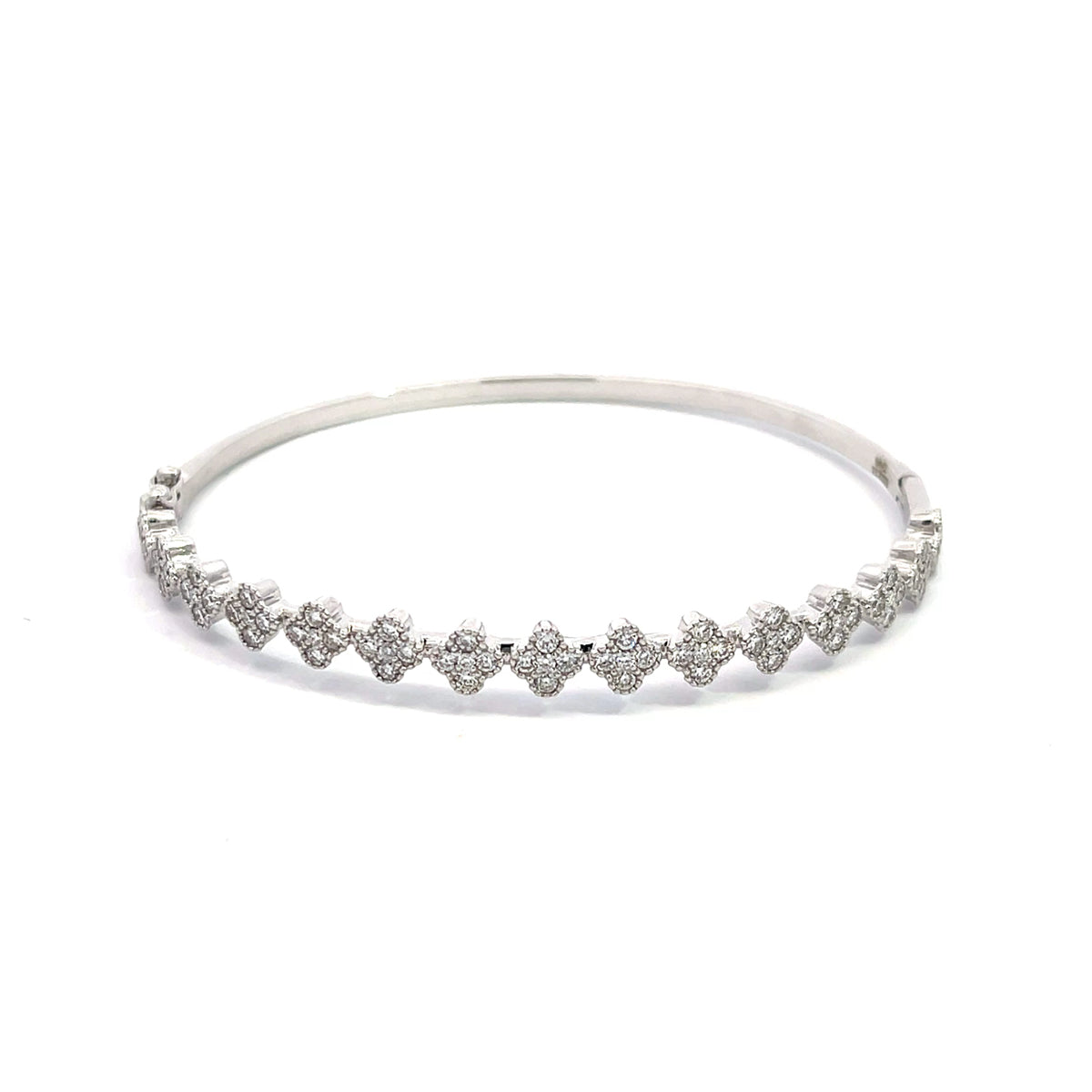 14K White Gold Diamond Clover Cluster Bangle Bracelet with 75 Diamonds