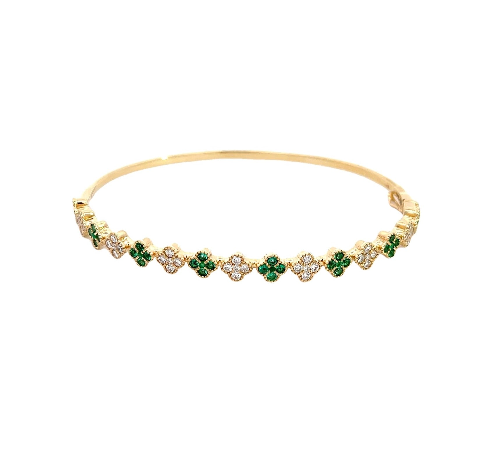 14K Yellow Gold Diamond and Emerald Clover Cluster Bangle Bracelet