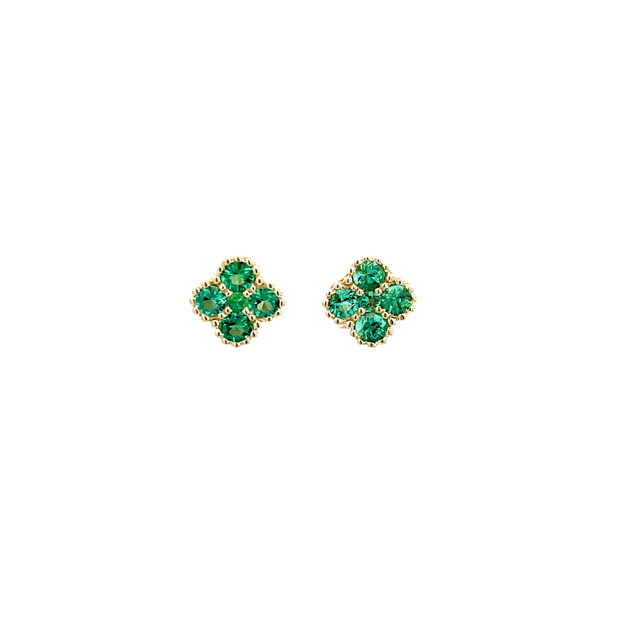 14K Yellow Gold Emerald Clover Studs with Milgrain Detailing
