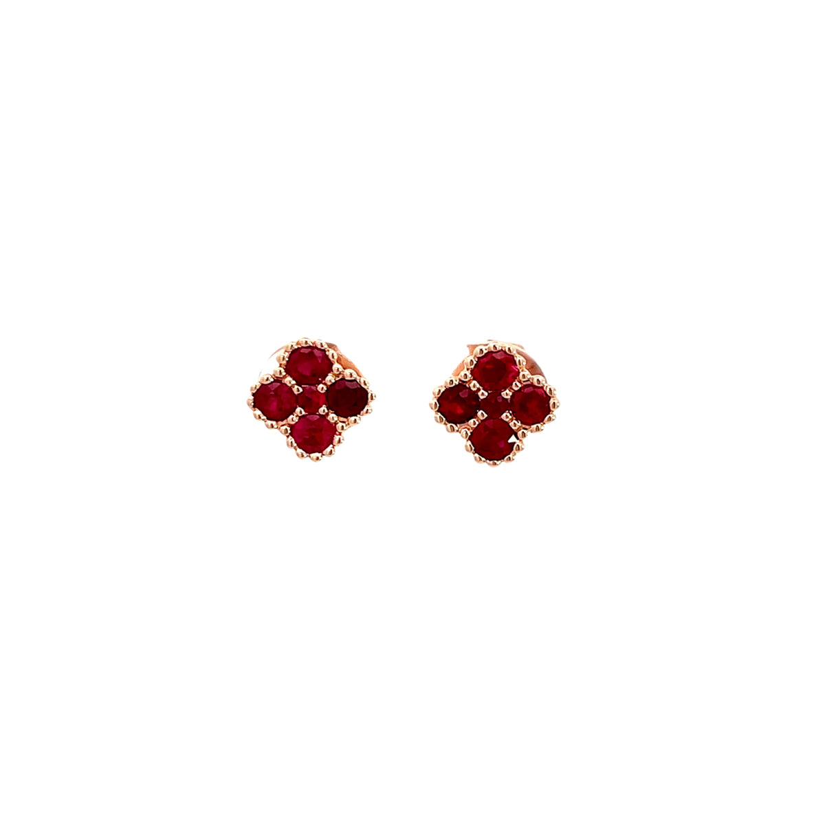 14K Rose Gold Ruby Clover Studs with Milgrain Detailing