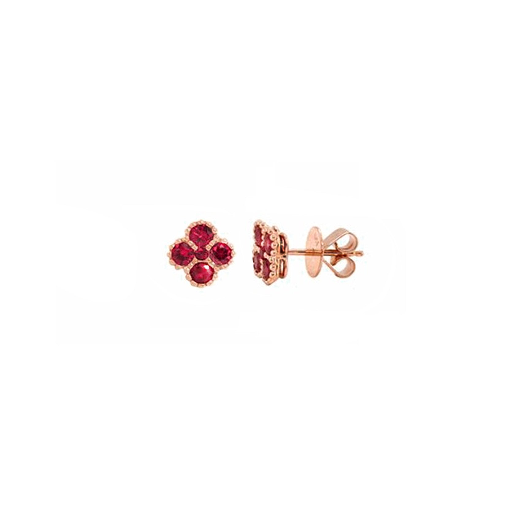 14K Rose Gold Ruby Clover Studs with Milgrain Detailing