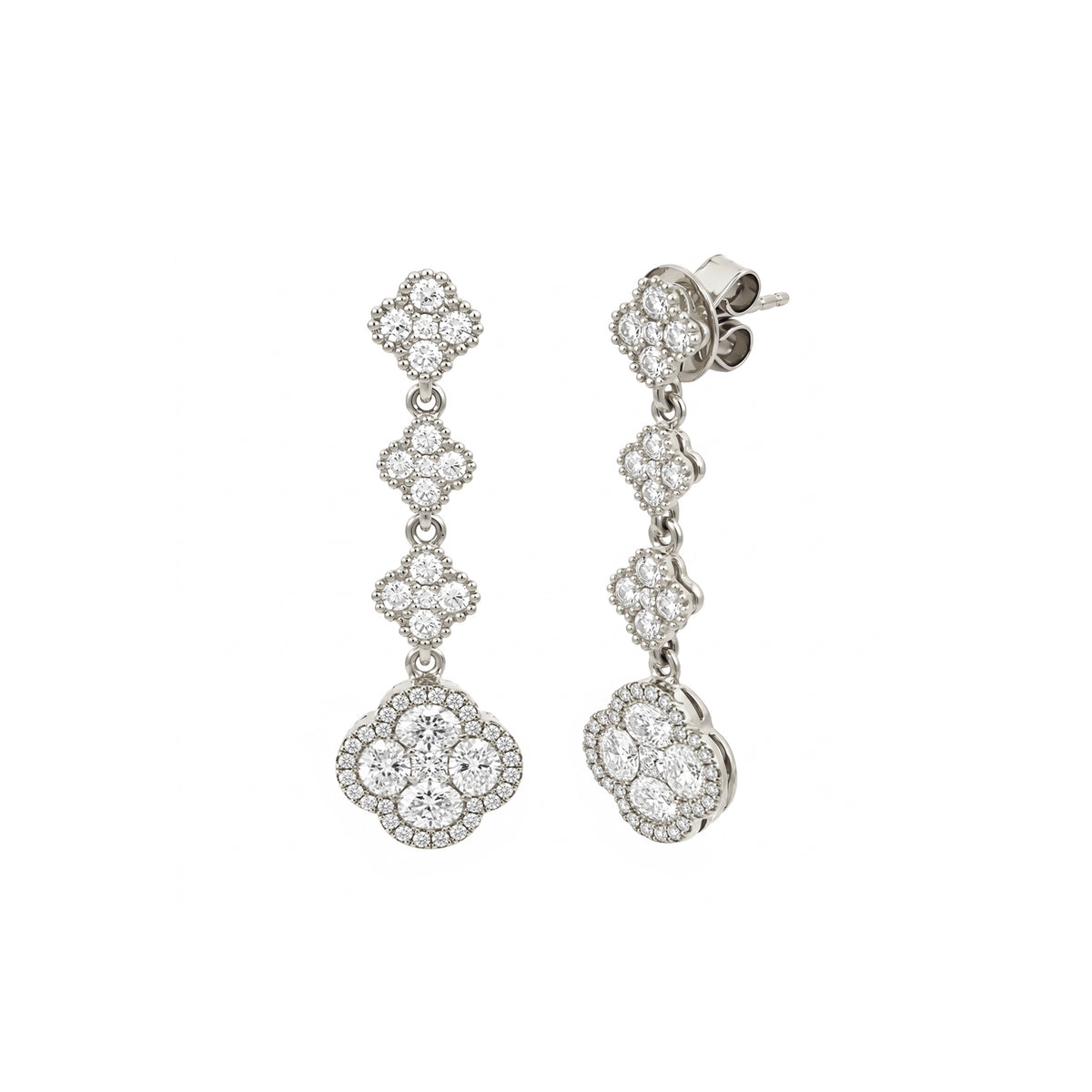 14K White Gold Tiered Diamond Clover Drop Earrings