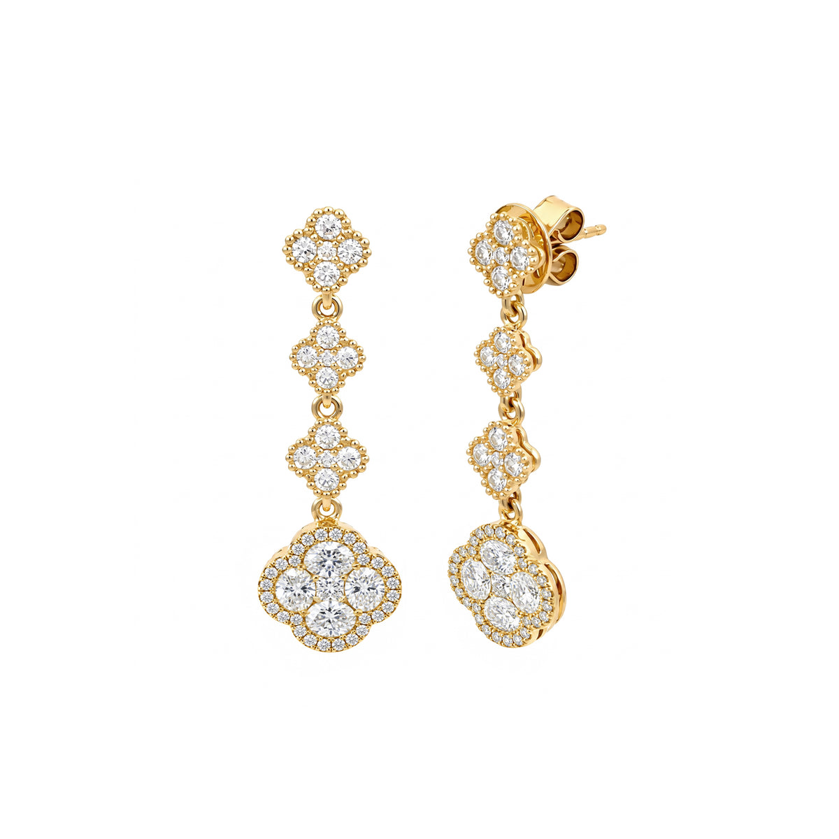 14K Yellow Gold Tiered Diamond Clover Drop Earrings