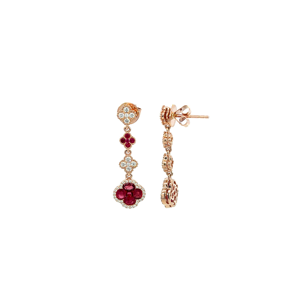 14K Rose Gold Tiered Diamond and Ruby Clover Drop Earrings