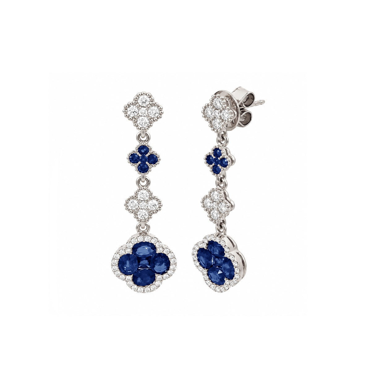 14K White Gold Tiered Diamond and Sapphire Clover Drop Earrings