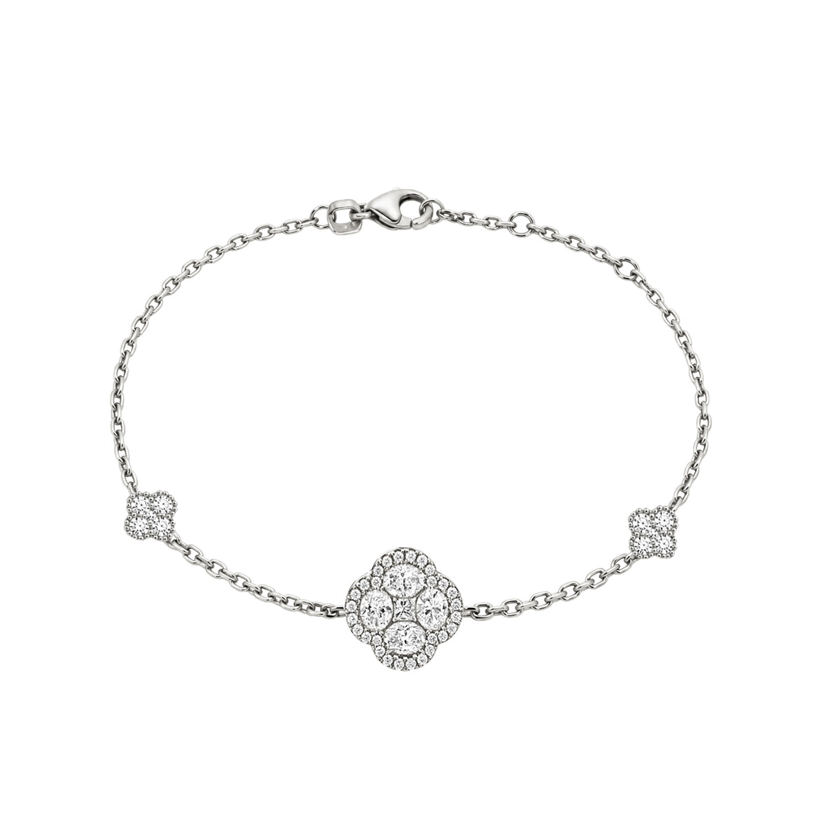 14K White Gold Chain Bracelet with Diamond Halo Clover Clusters