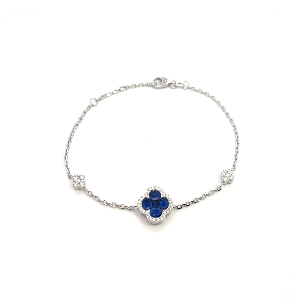 14K White Gold Chain Bracelet with Sapphire and Diamond Halo Clover Clusters