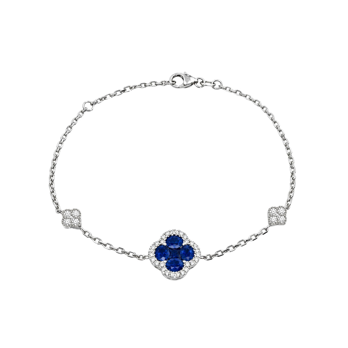 14K White Gold Chain Bracelet with Sapphire and Diamond Halo Clover Clusters