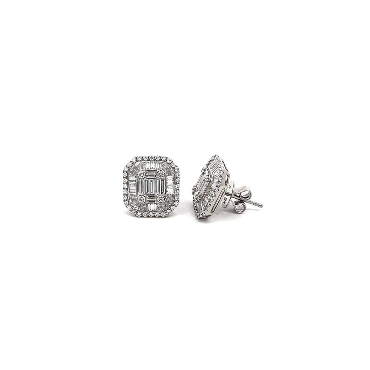 14K White Gold Cushion Shaped Diamond Emerald Illusion Stud Earrings