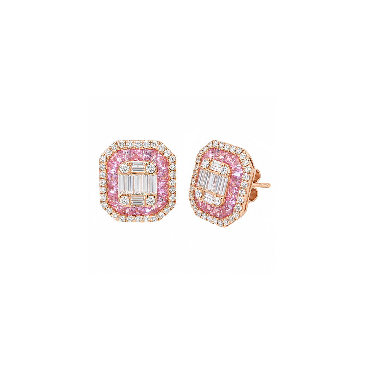 14K Rose Gold Cushion Shaped Pink Sapphire and Diamond Emerald Illusion Stud Earrings