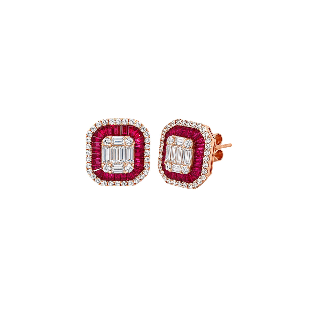 14K Rose Gold Cushion Shaped Ruby and Diamond Emerald Illusion Stud Earrings