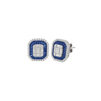 14K White Gold Cushion Shaped Sapphire and Diamond Emerald Illusion Stud Earrings