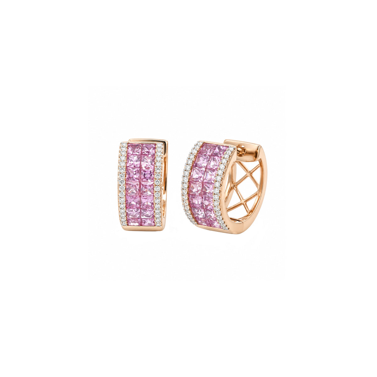 14K Rose Gold Wide-Set Pink Sapphire and Diamond Hinged Hoop Earrings