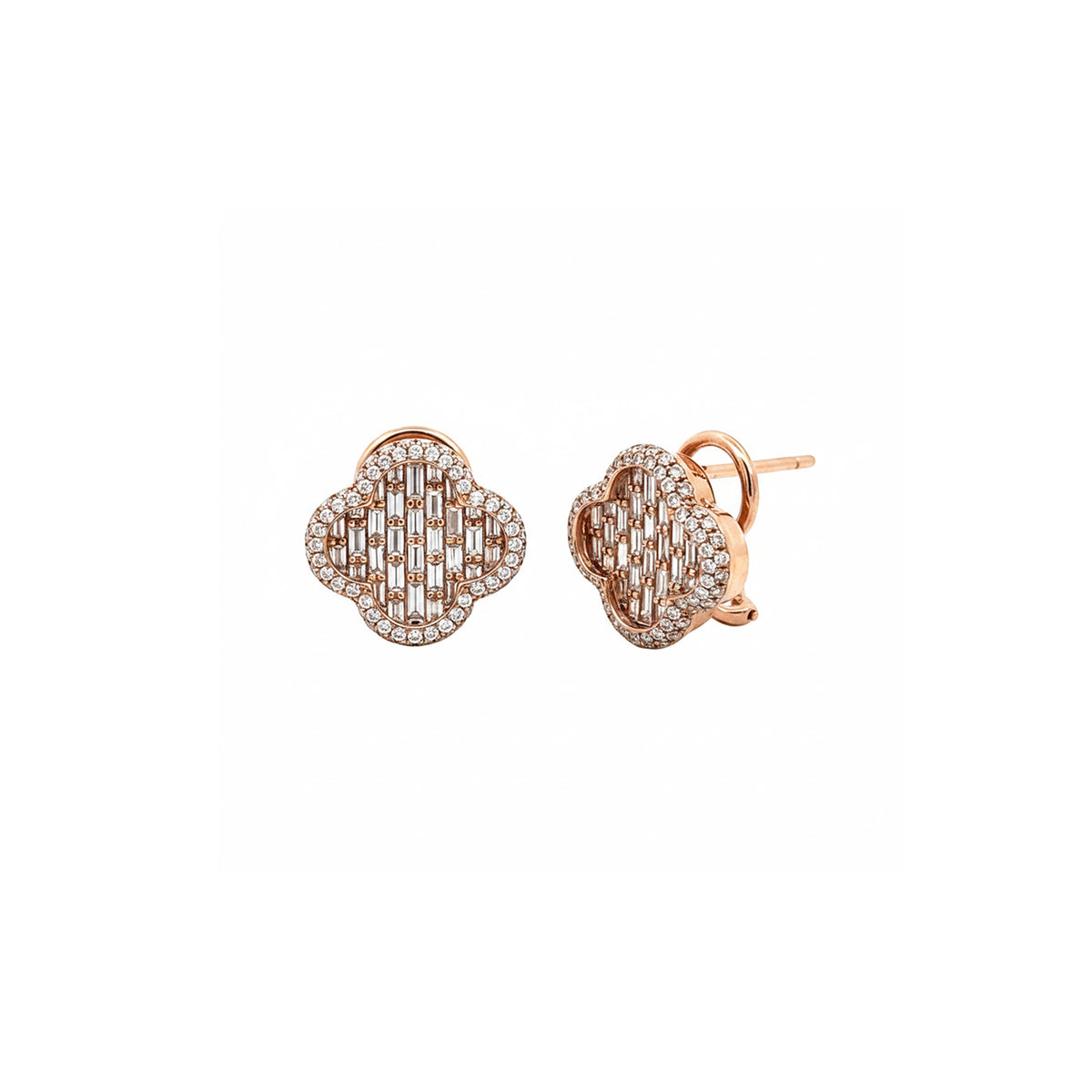 14K Rose gold Clover shaped Omega back diamond earrings with intricate baguette lattice design