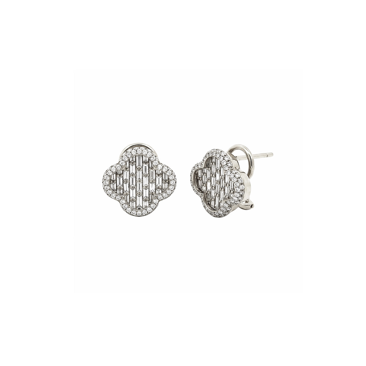 14K White gold Clover shaped Omega back diamond earrings with intricate baguette lattice design