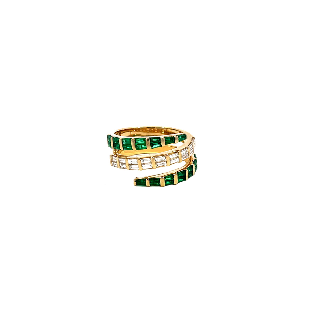 14K Yellow Gold Spiral Ring with Baguette Cut Emeralds and Diamonds