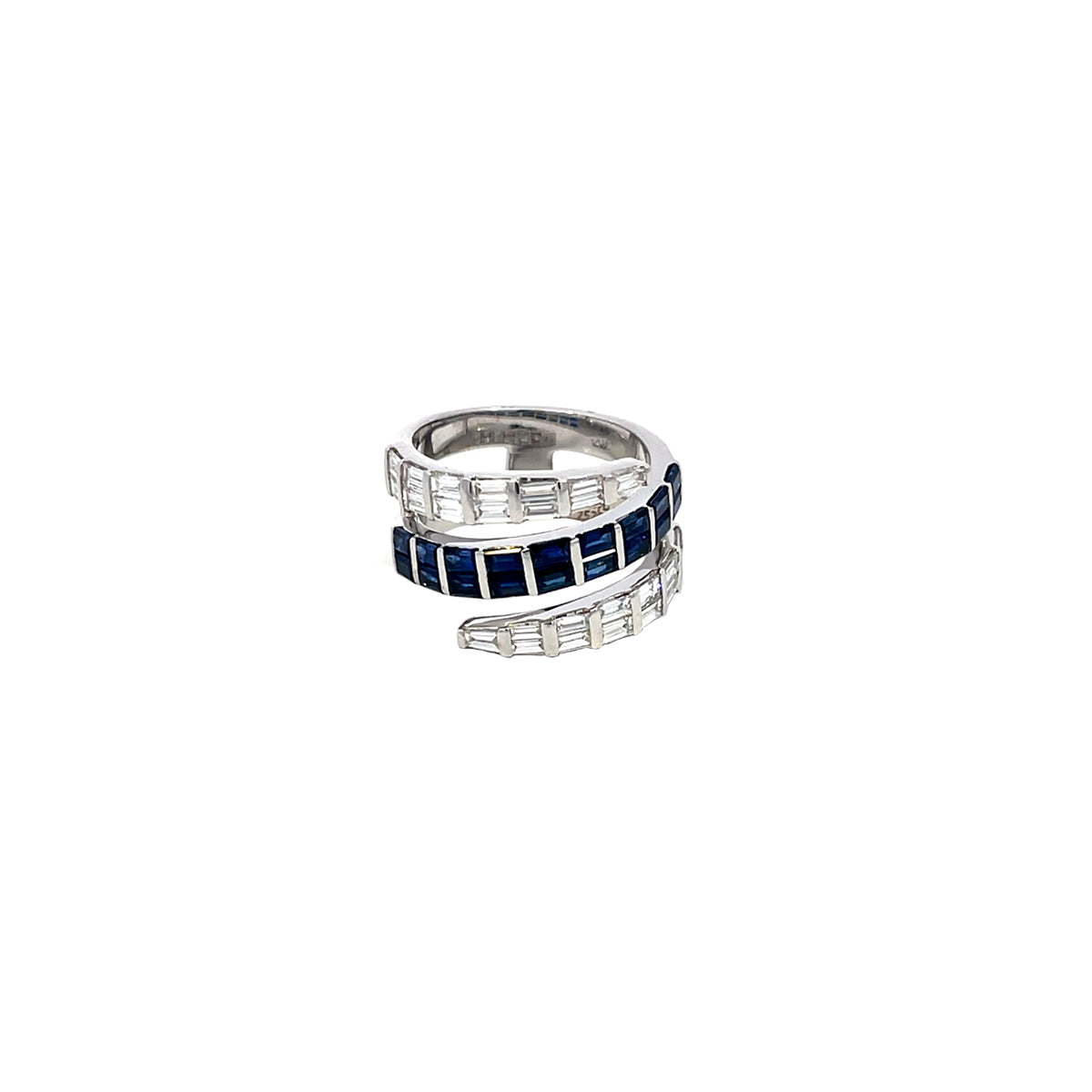 14K White Gold Spiral Ring with Baguette Cut Diamonds and Sapphires
