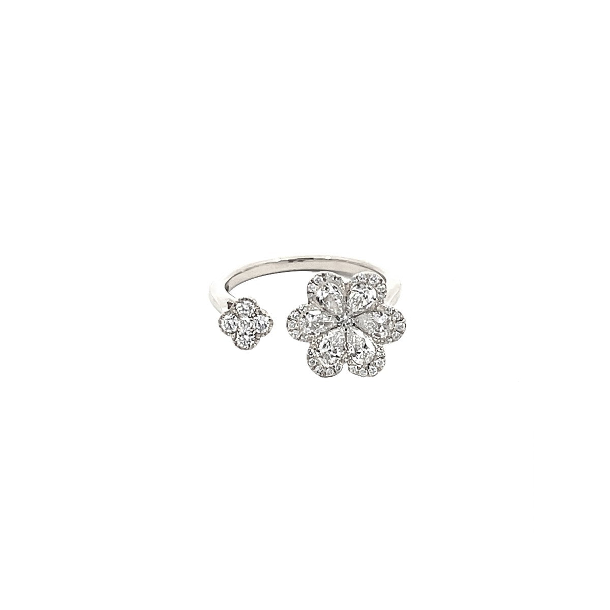 14K White Gold Open Ring with Floral Diamond Clusters
