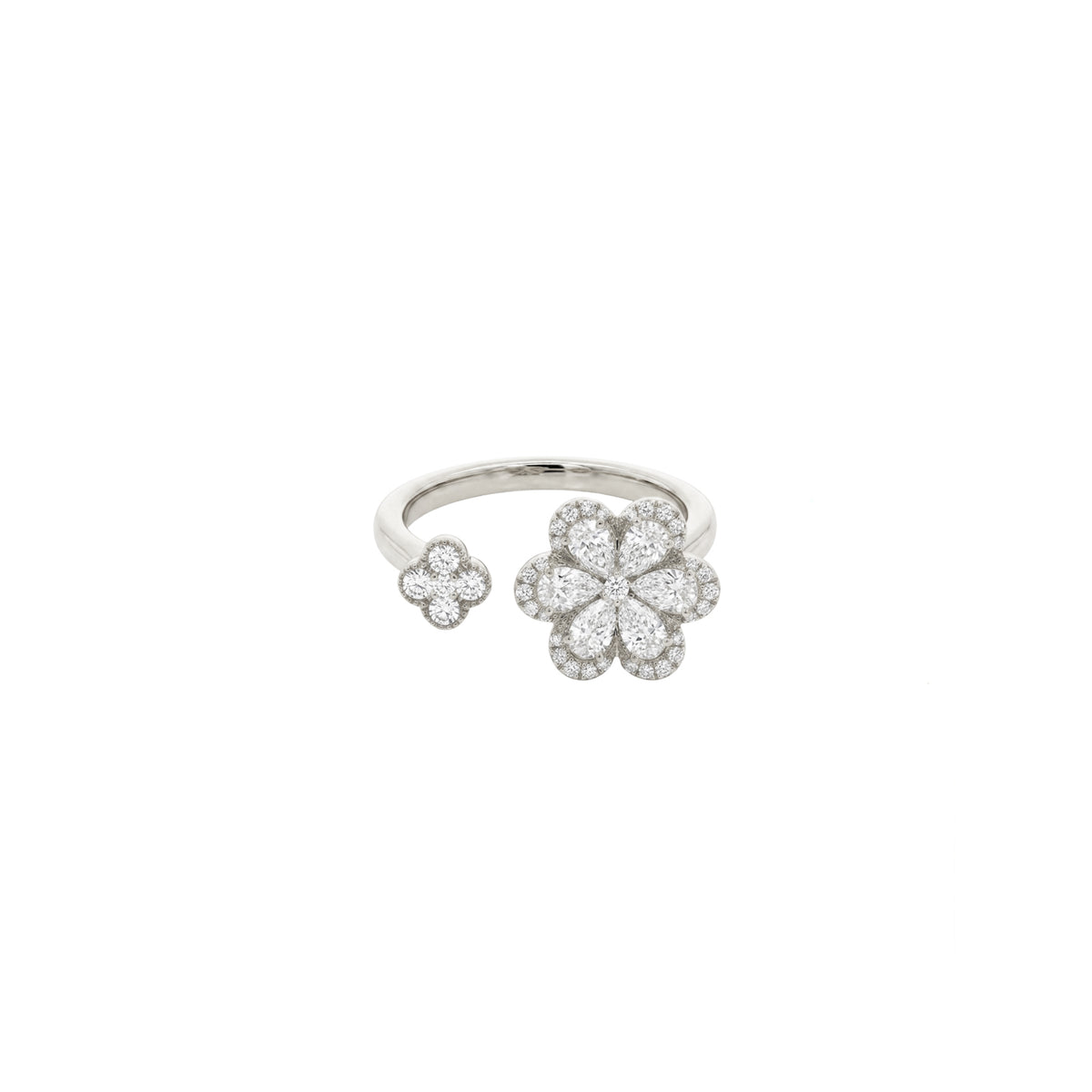 14K White Gold Open Ring with Floral Diamond Clusters