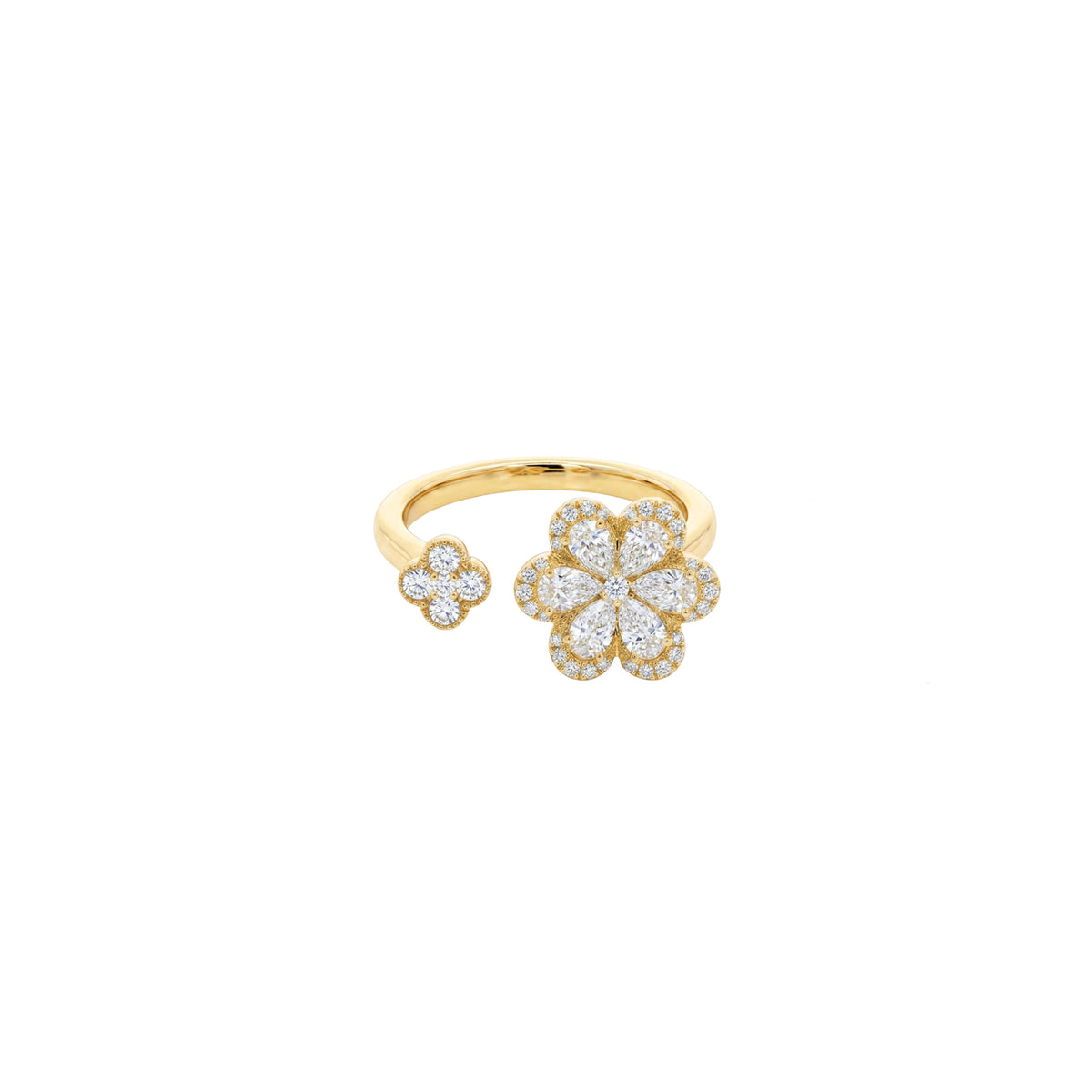 14K Yellow Gold Open Ring with Floral Diamond Clusters