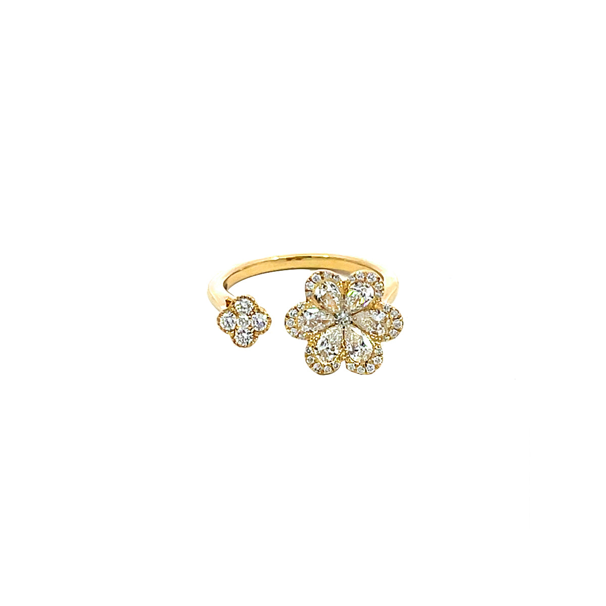 14K Yellow Gold Open Ring with Floral Diamond Clusters