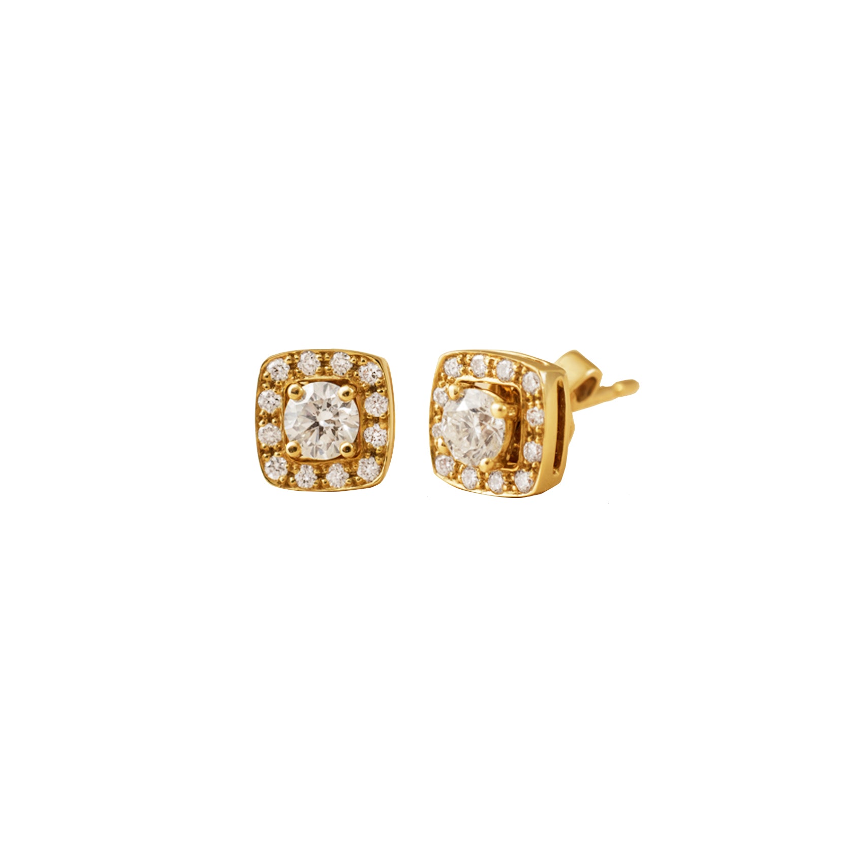 14K Yellow Gold Diamond Stud Earrings with Square Halo