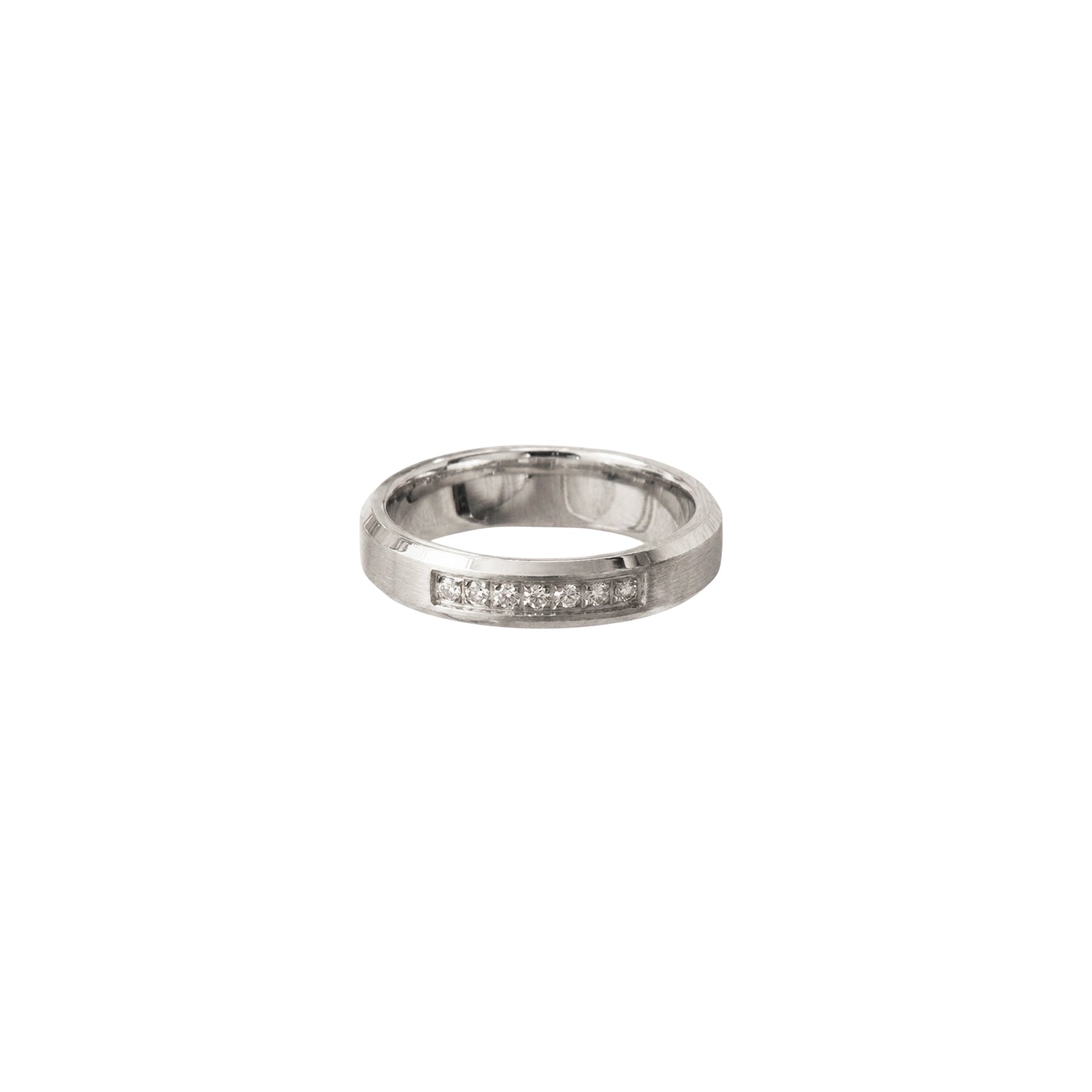 14K White Gold Matte Wedding Band with Polished Edges and 7 Diamonds