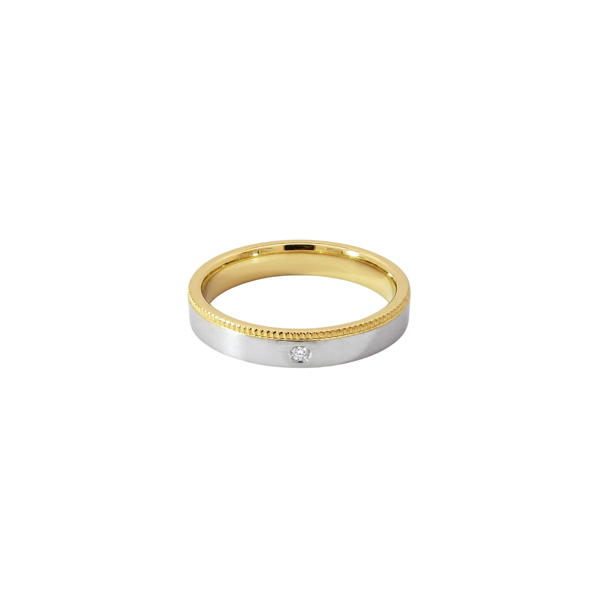 14K Yellow White Gold Ring with Fine Reeded Edging and 1 Flush-Set Diamond