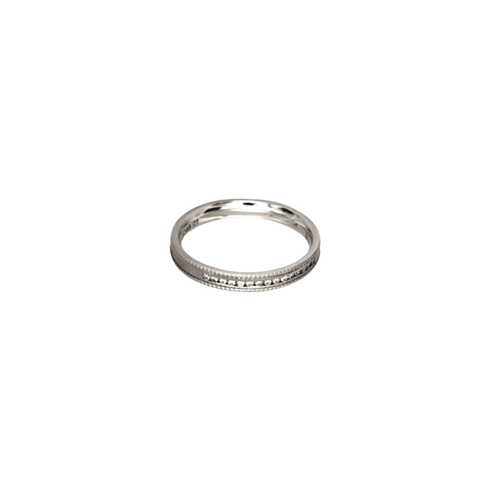 14K White Gold Wedding Band with 15 Channel Set Diamonds and Milgrain Edging