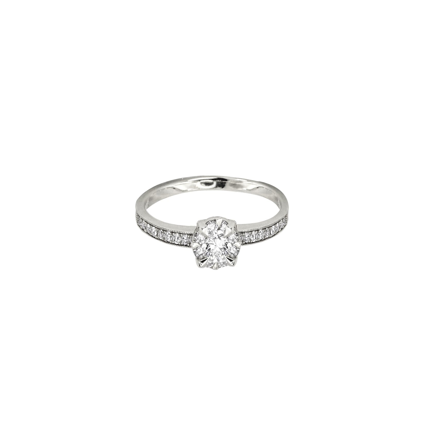 14K White Gold Claw Prong Milgrain Engagement Ring with Pave-Set Side Stones