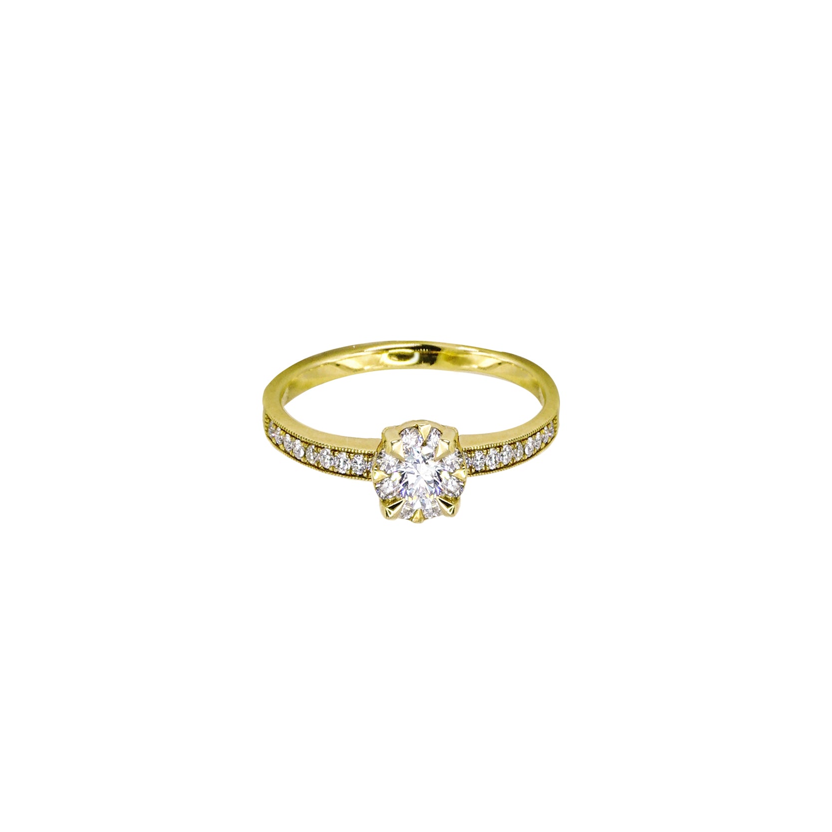 14K Yellow Gold Claw Prong Milgrain Engagement Ring with Pave-Set Side Stones
