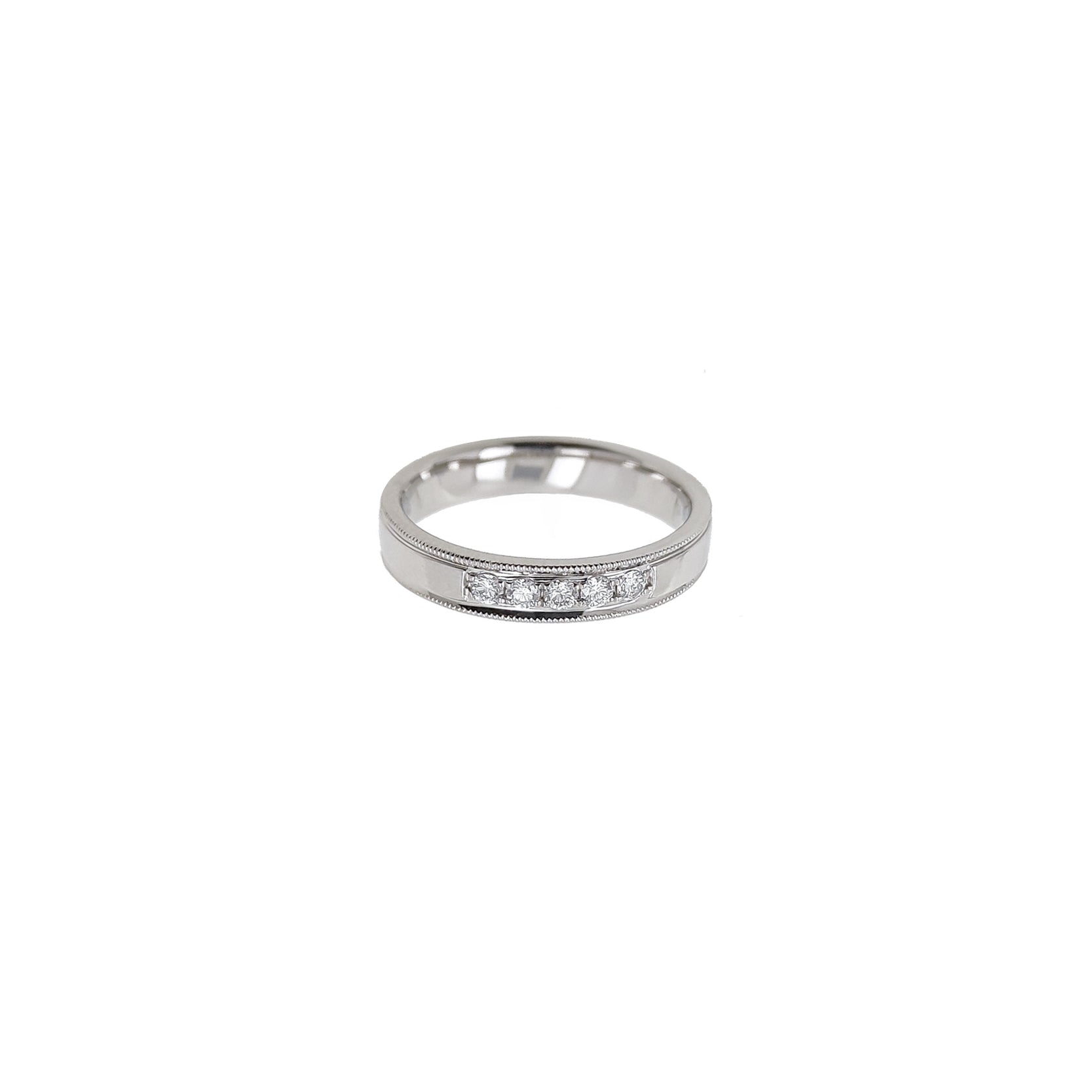 14K White Gold Wedding Band with Milgrain Detailing and 5 Diamonds