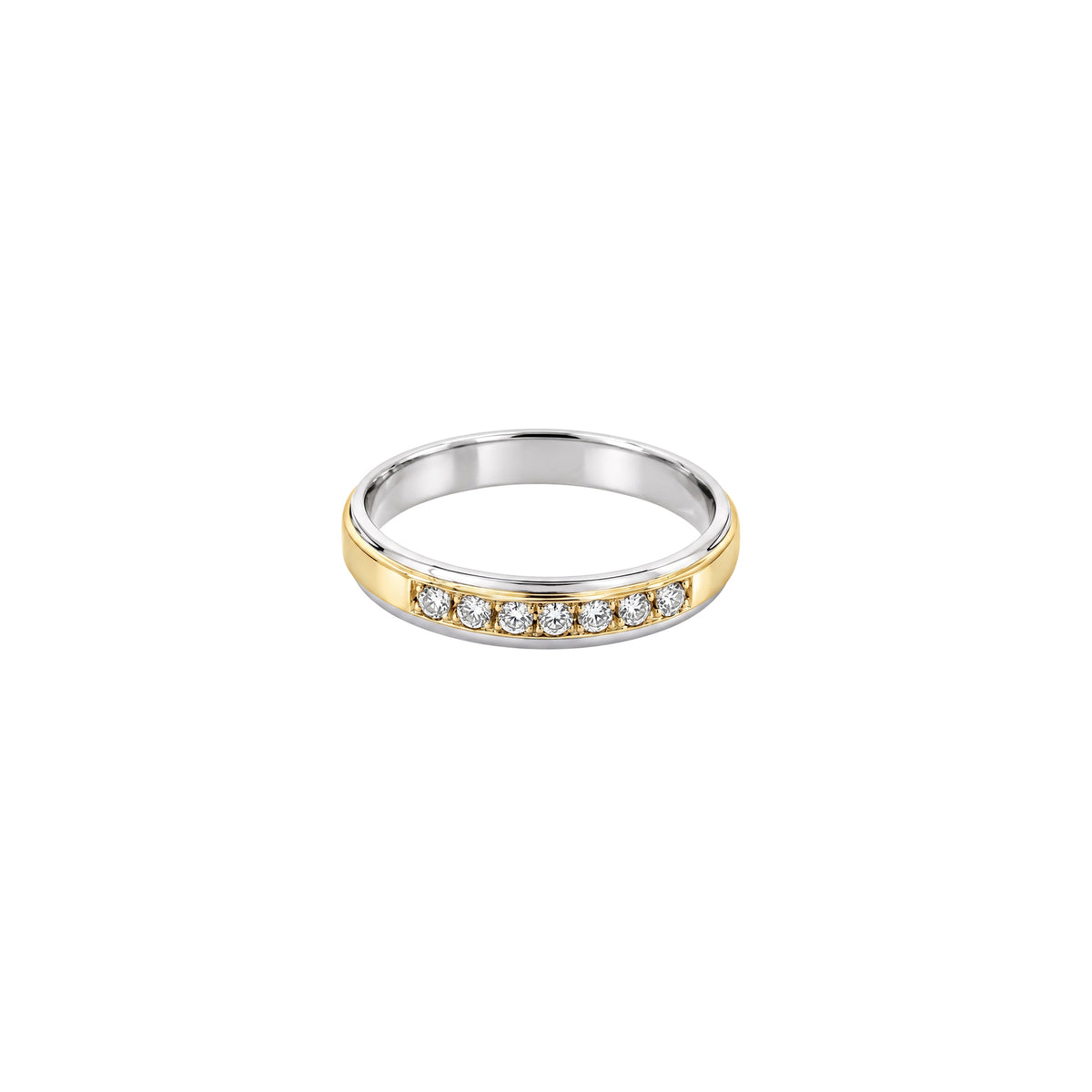 14K Yellow Gold Wedding Band with White Gold Edges and 7 Diamonds