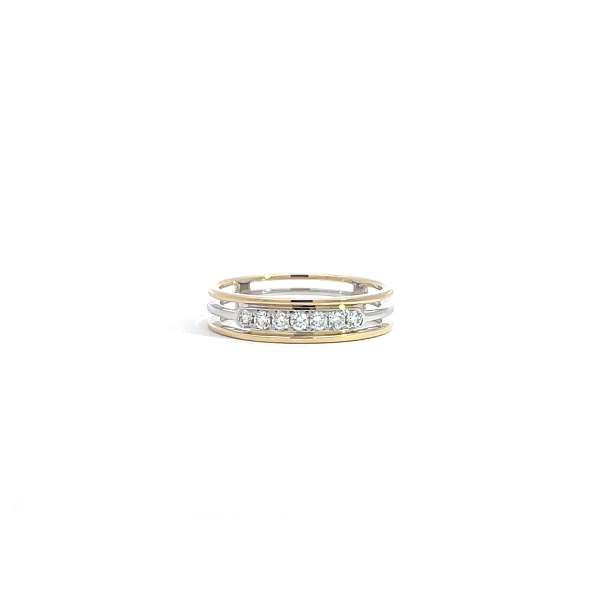 14K Yellow White Gold Triple Band Ring with 7 Diamonds