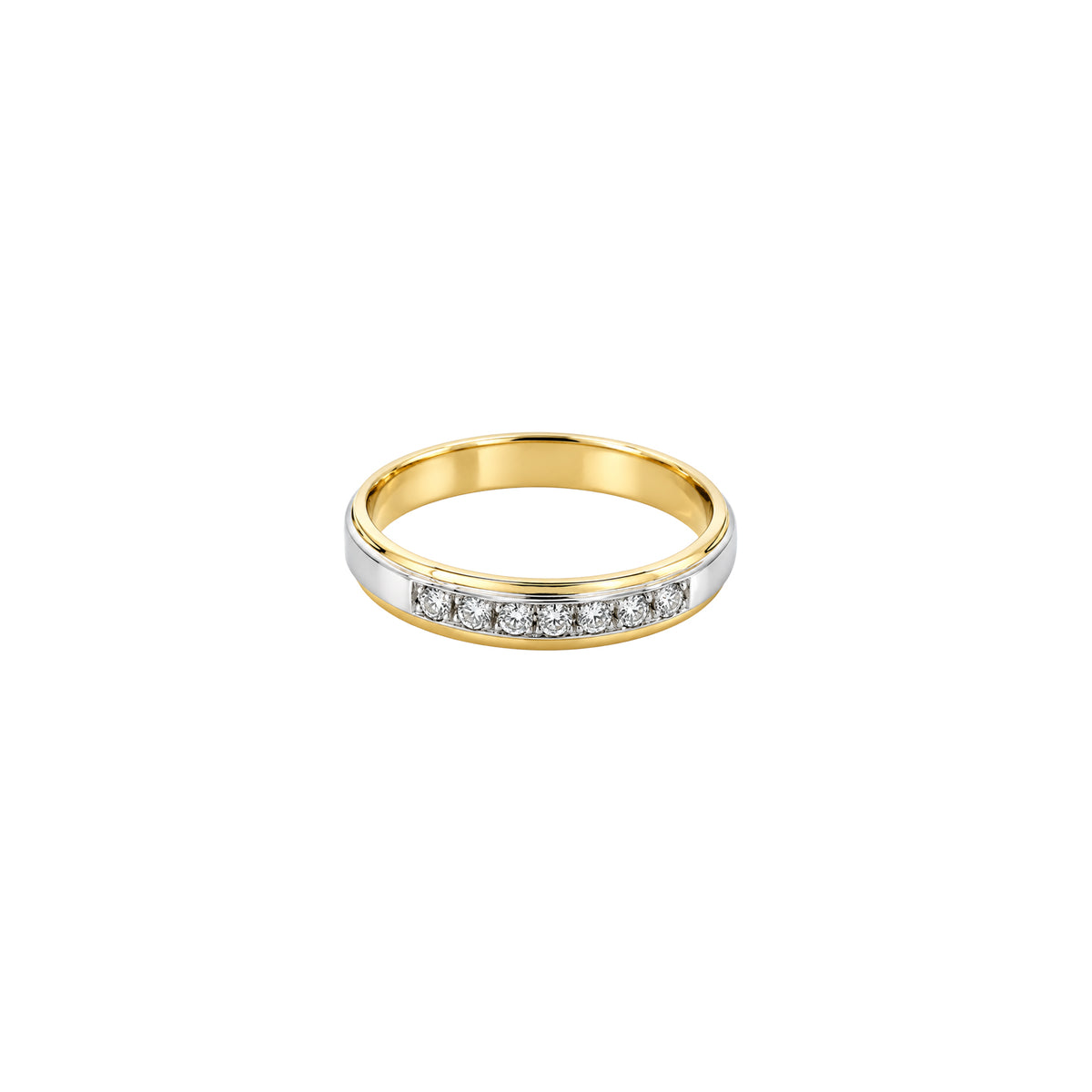 14K White Gold Wedding Band with Yellow Gold Edges and 7 Diamonds