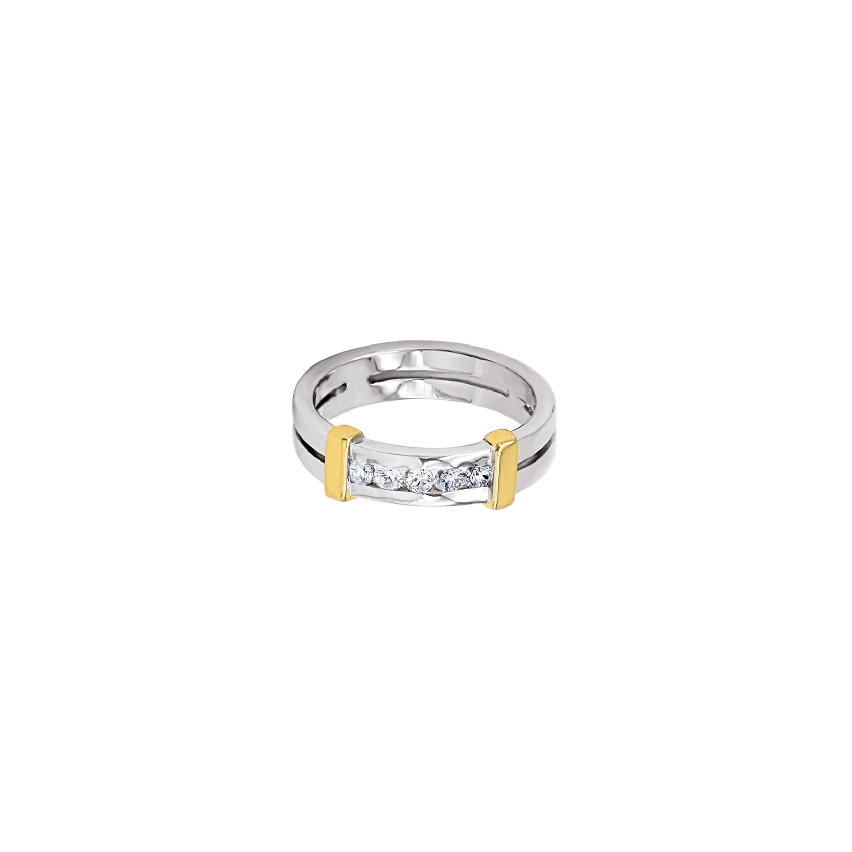 14K White Gold Double Row Wedding Band with 14K Yellow Gold Parallel Bars and 5 Diamonds