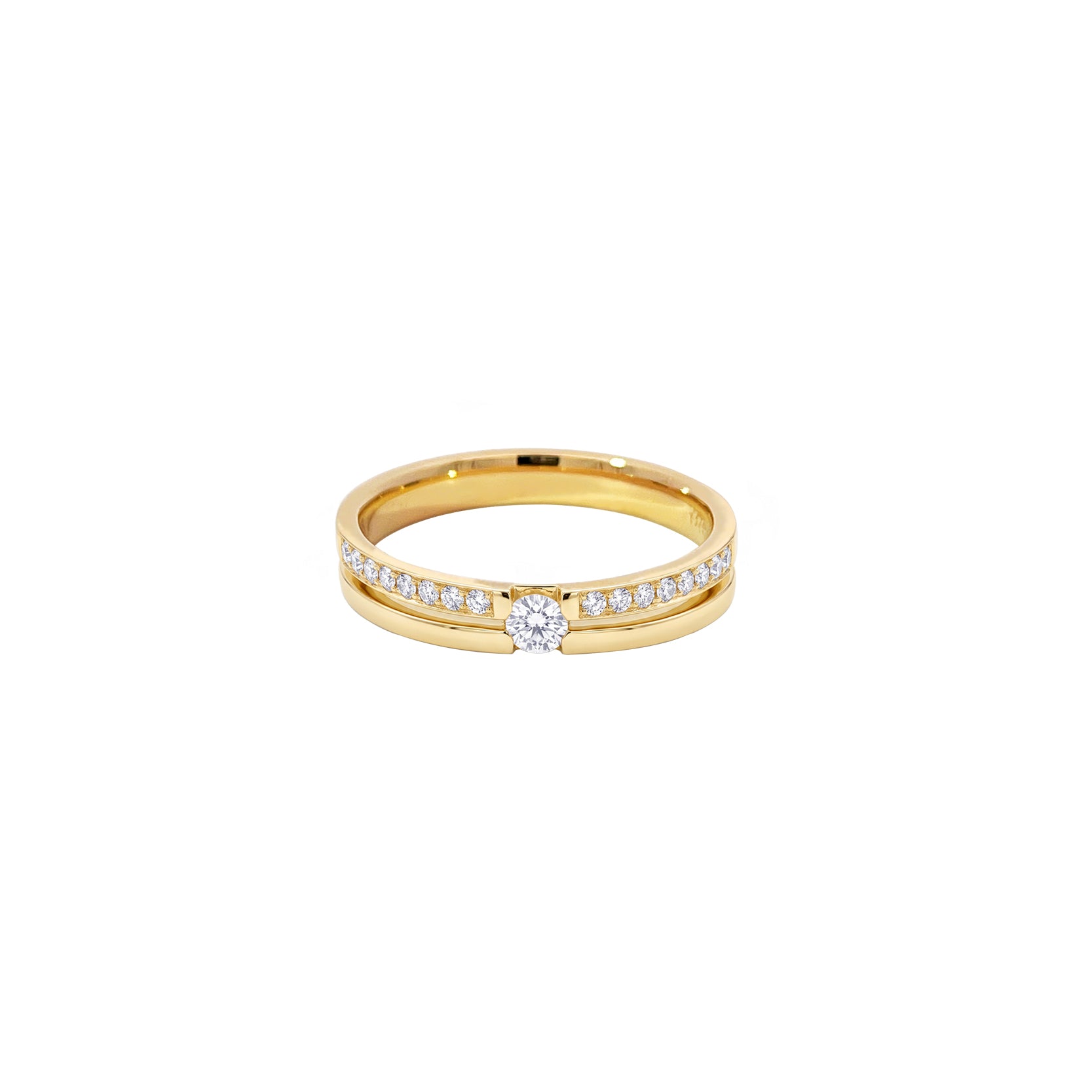 14K Yellow Gold Grooved Wedding Band with Center & Side Diamonds