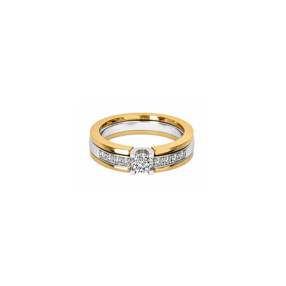 14K Yellow Gold and 14K White Gold Interlocking Engagement Ring and Wedding Band Bridal Set with 9 Diamonds