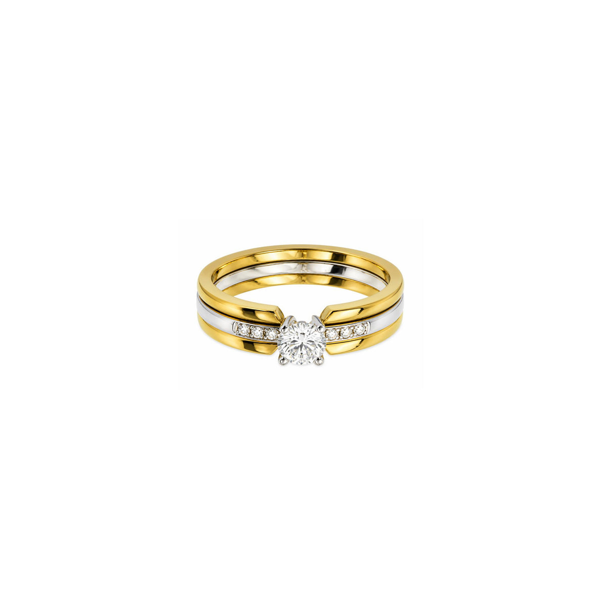 14K Yellow Gold and 14K White Gold Interlocking Engagement Ring and Wedding Band Bridal Set with 7 Diamonds