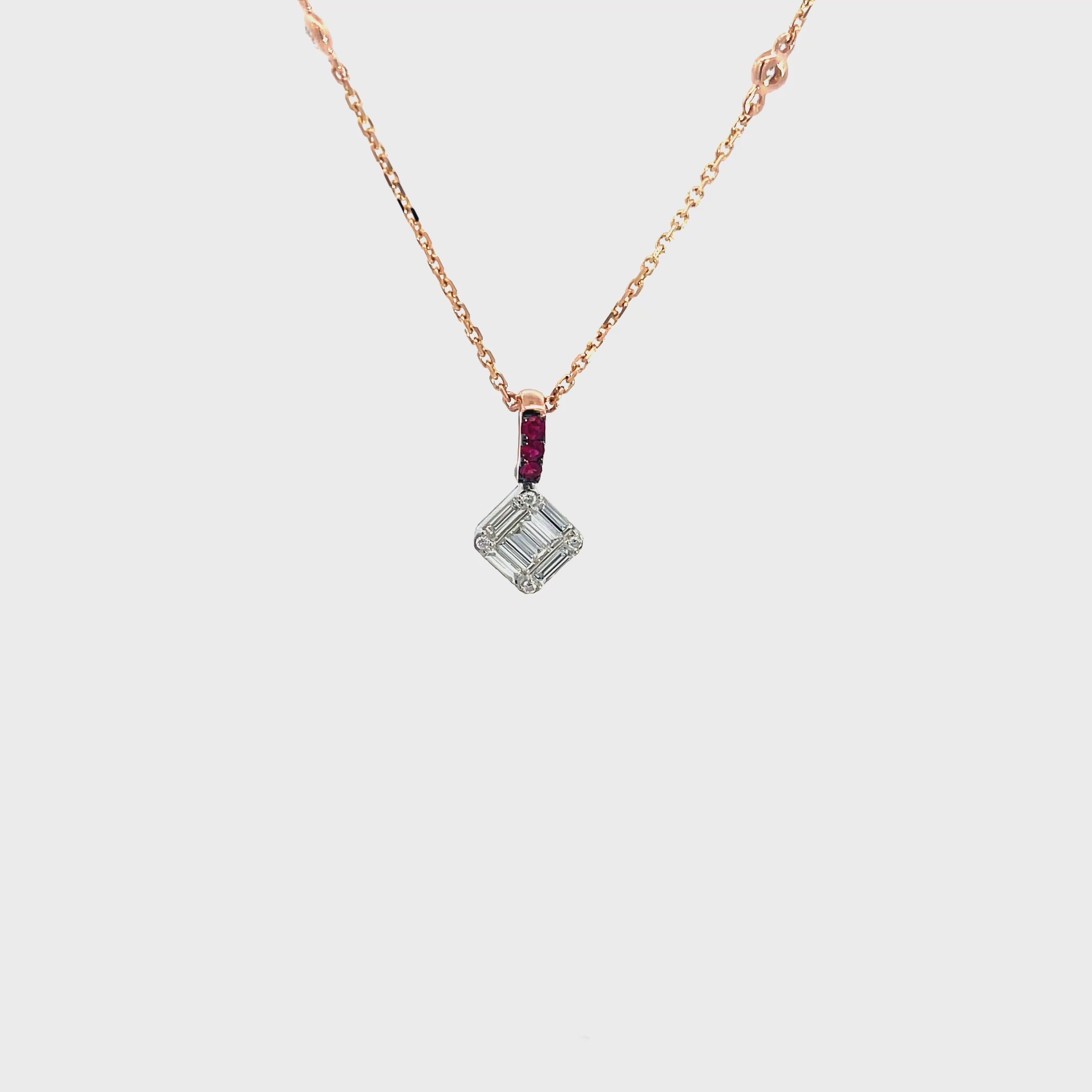 14K Rose Gold Chain Necklace with 14K White Rose Gold Ruby and Diamond Square Pendant
