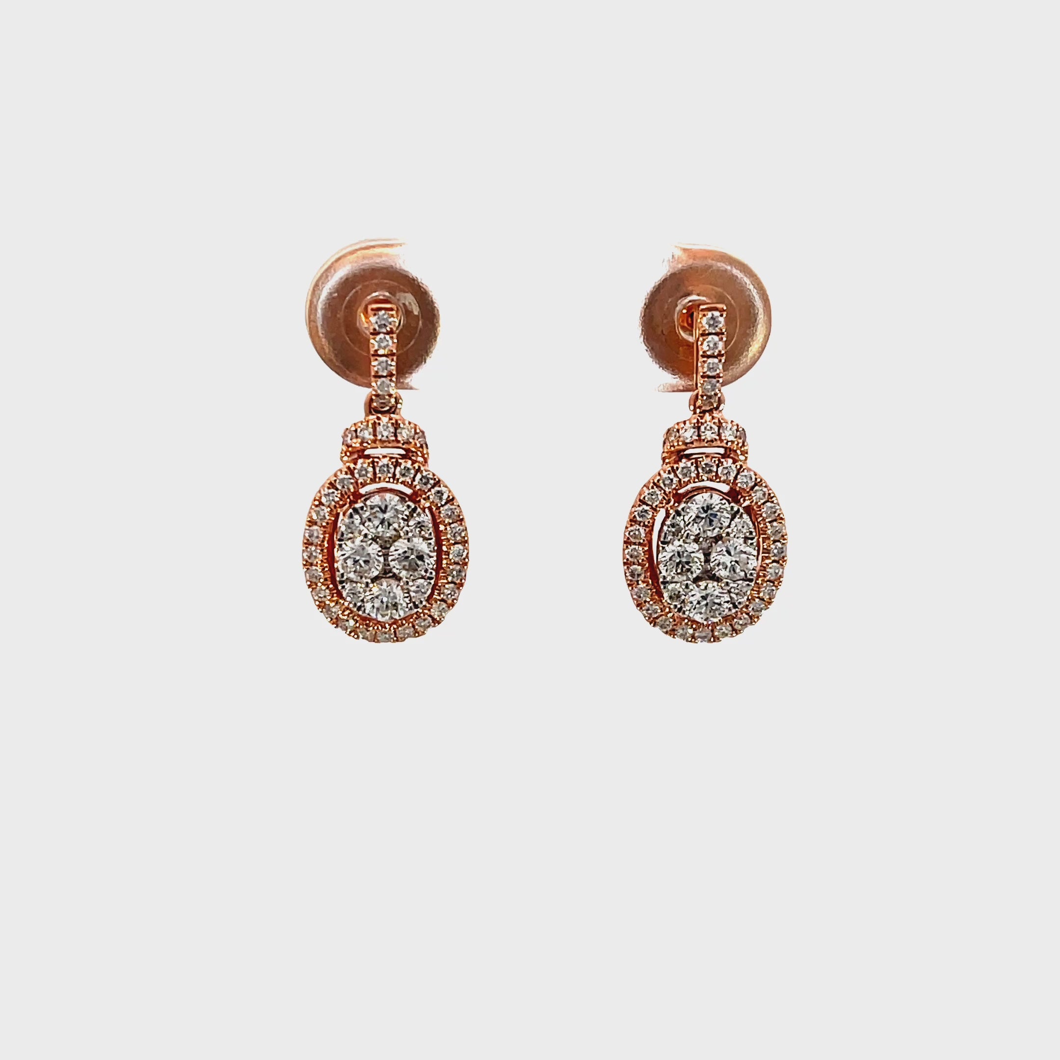 14K Rose Gold Oval Halo Drop Earrings with 96 Diamonds