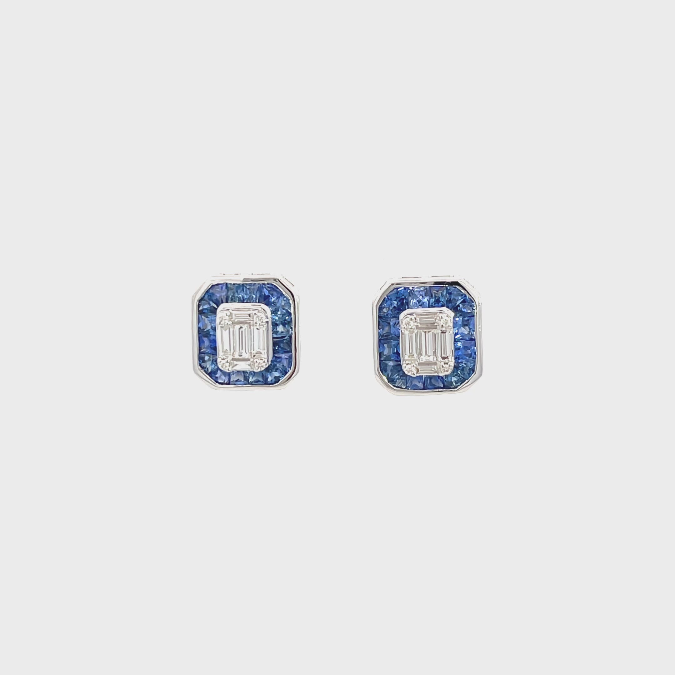 14K White Gold Emerald Illusion Diamond Stud Earrings with Geometric Sapphire Halo