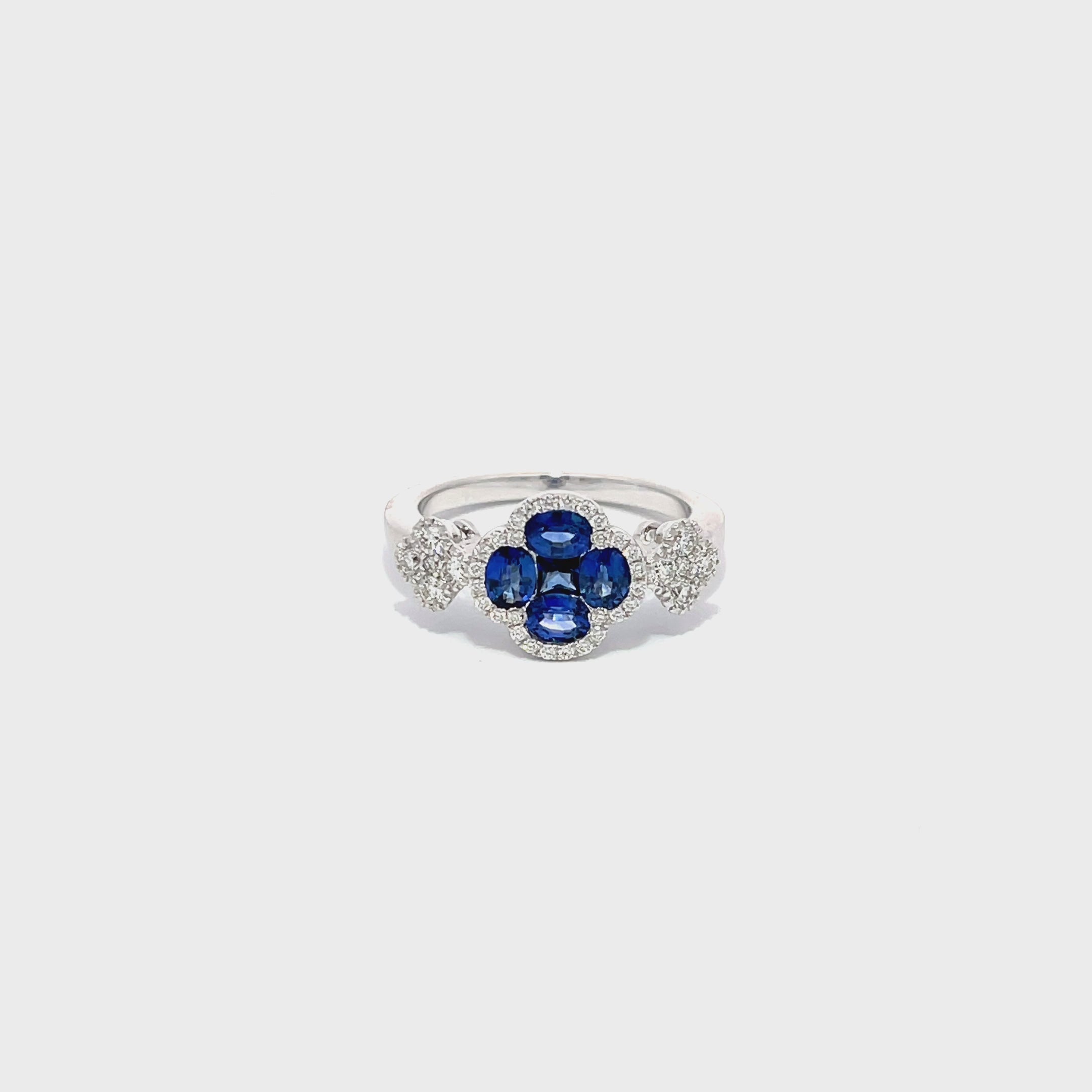 14K White Gold Sapphire and Diamond Clover Trilogy Ring