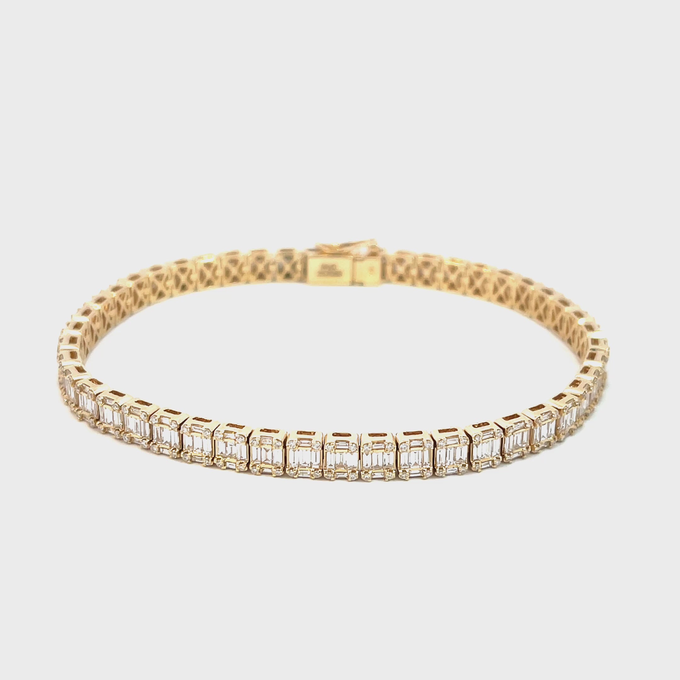 14K Yellow Gold Baguette and Round Diamond Emerald Illusion Tennis Bracelet