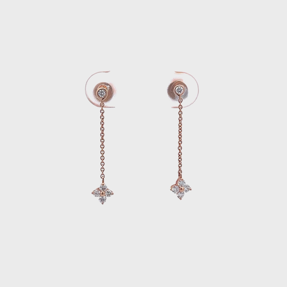 14K Rose Gold Dangling Chain and Diamond Star Cluster Earrings