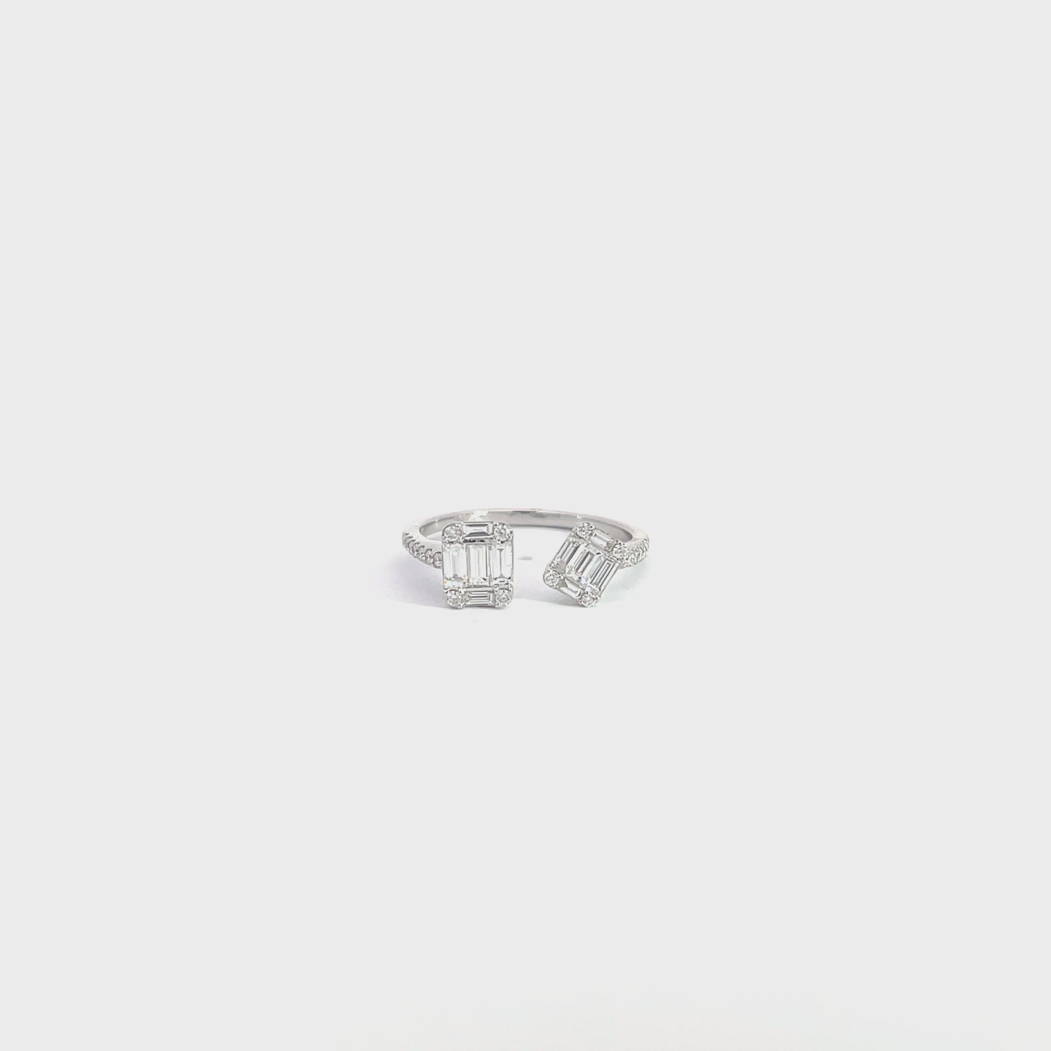 14K White Gold Double Emerald Illusion Open Ring With Pave Side Stones