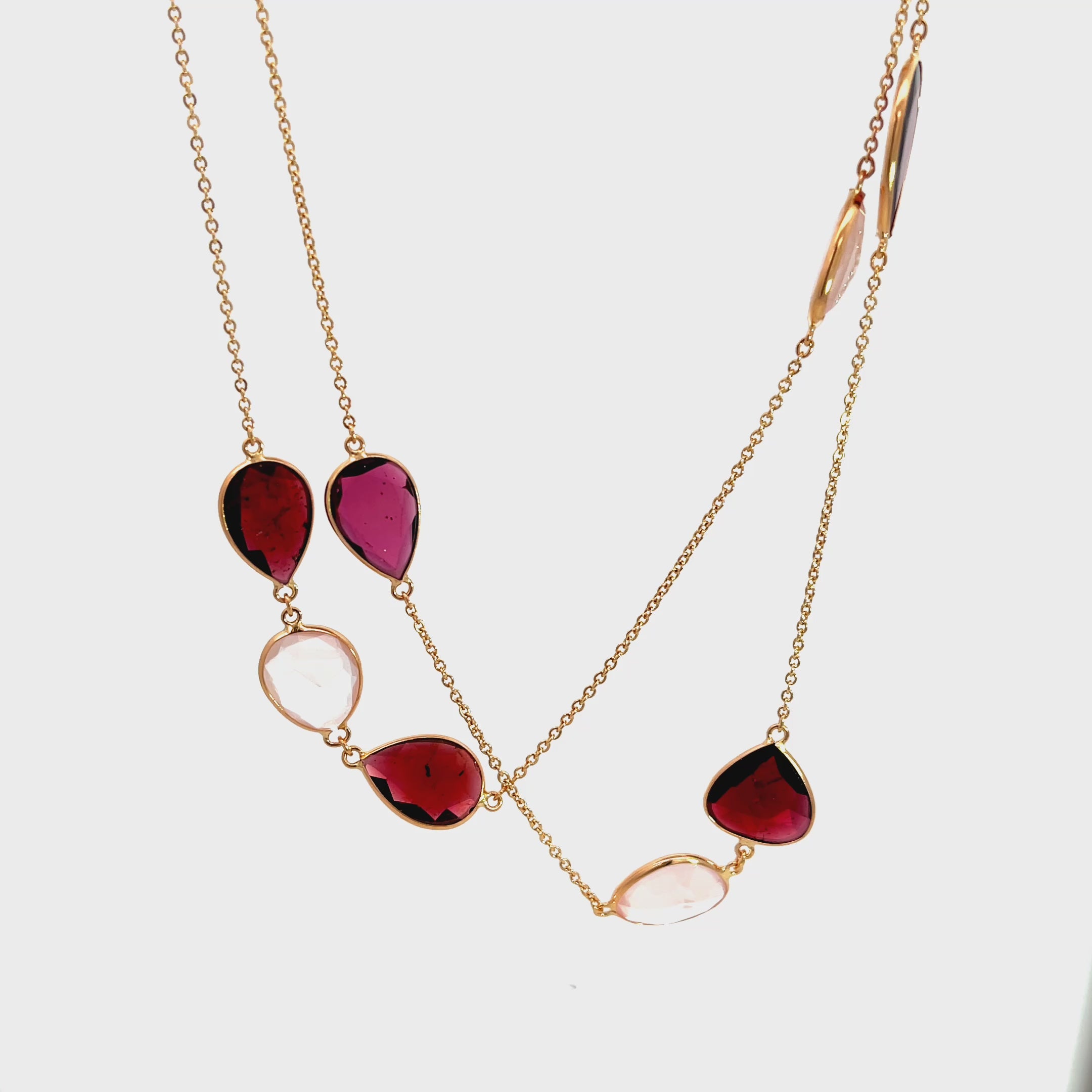 18K Rose Gold Garnet and Rose Quartz Station Necklace