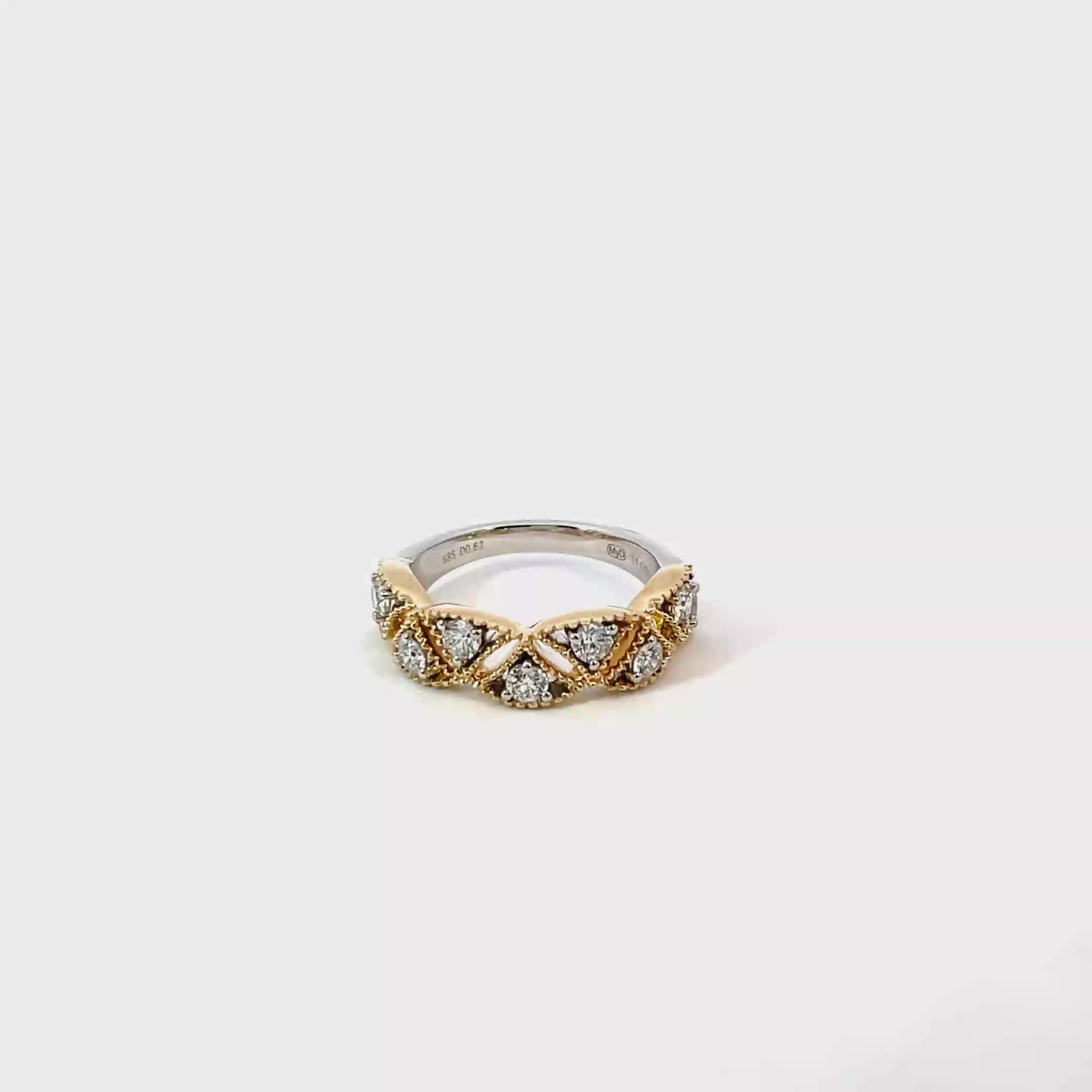 14K Yellow White Gold Ring with 9 Diamonds and Scalloped Detailing