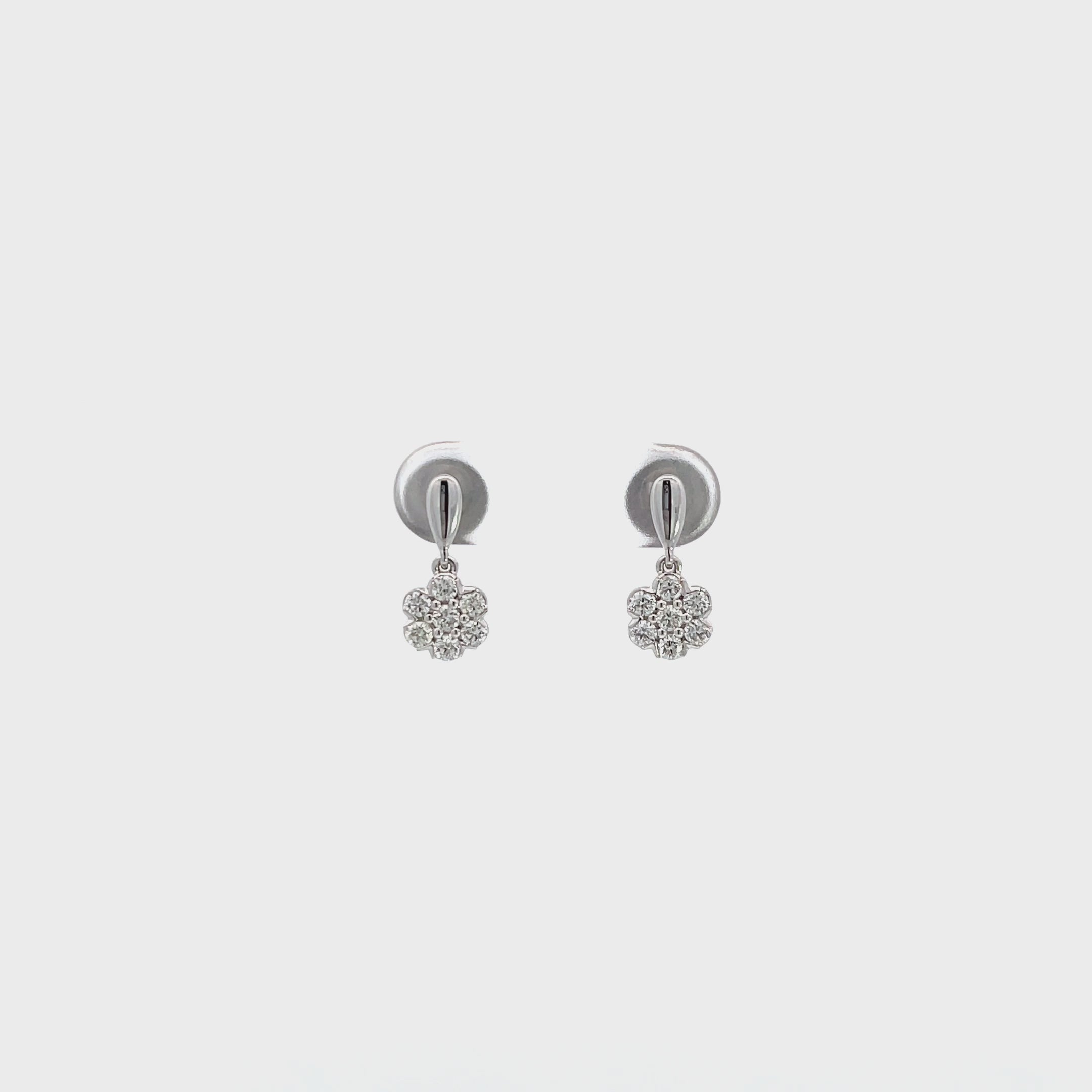 14K White Gold Floral Diamond Cluster Drop Earrings